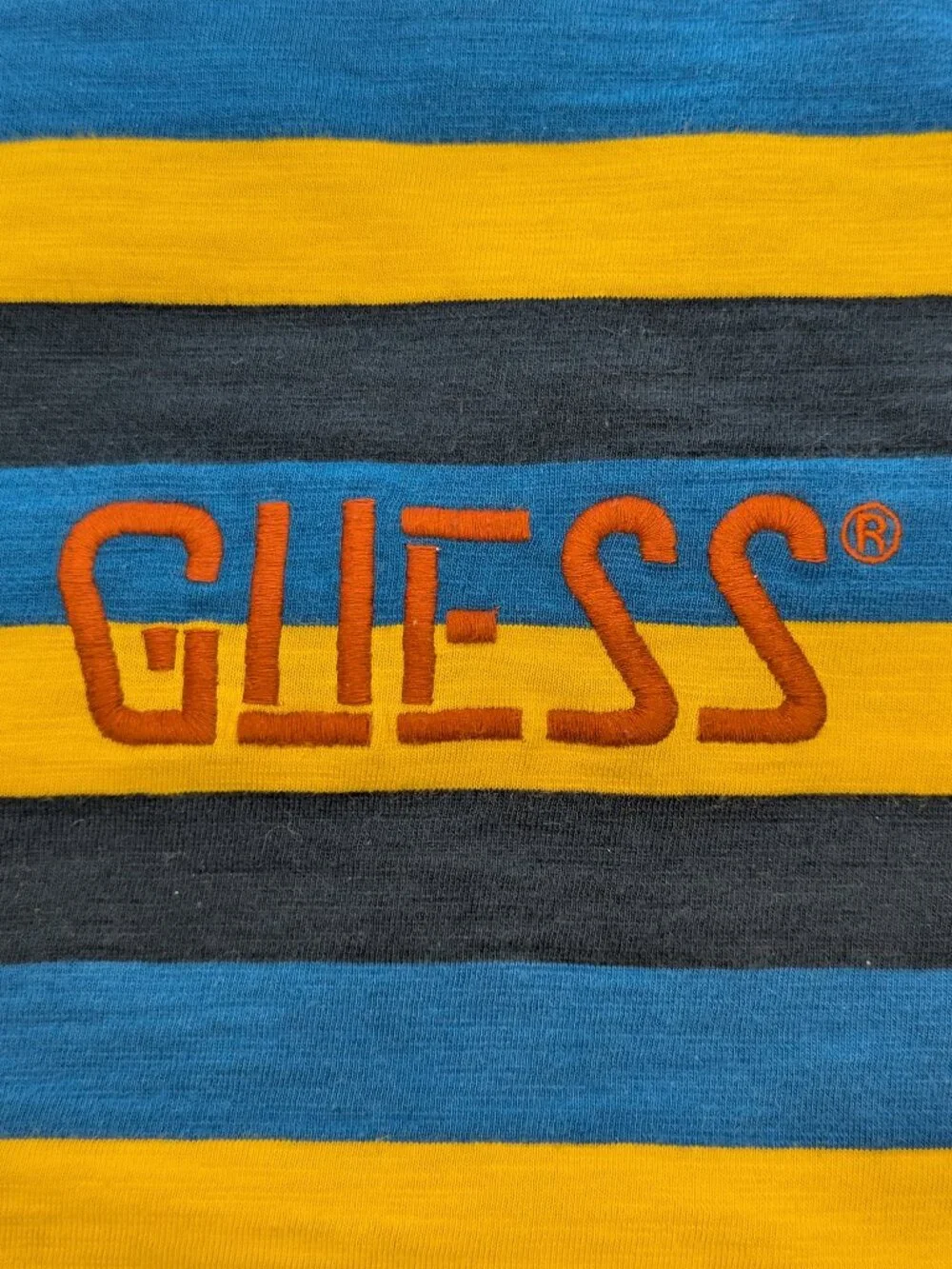 Guess Originals Embroidered Logo Striped Blue and Yellow T-Shirt - Picture 6 of 10